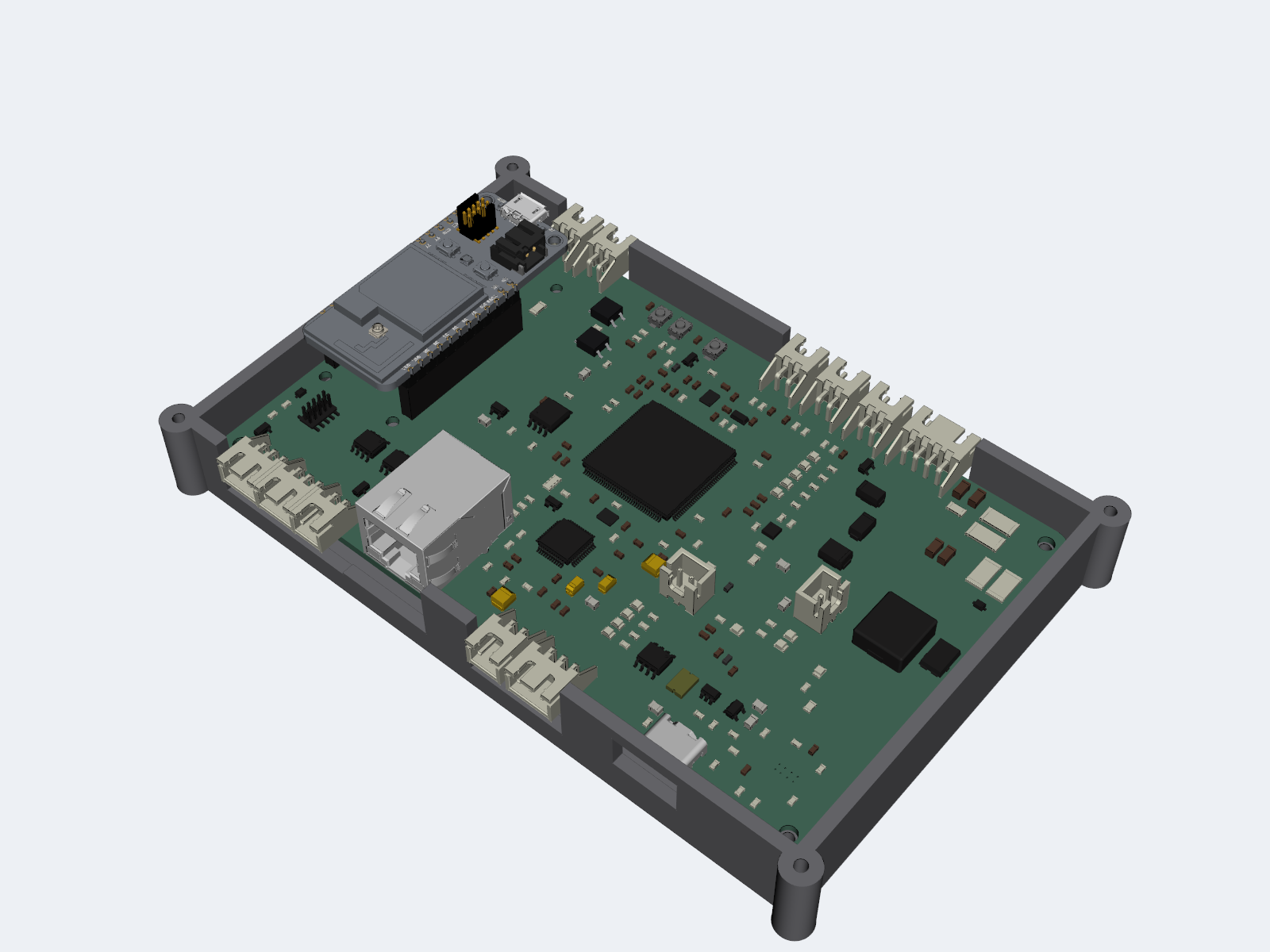 Top CAD presentation render of the QD Brain Rev B controller board seated in its enclosure base